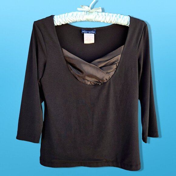 Vintage 90s Black Fitted Top Satin Trim Size L Sweetheart Neckline Vampy Goth - Picture 1 of 5